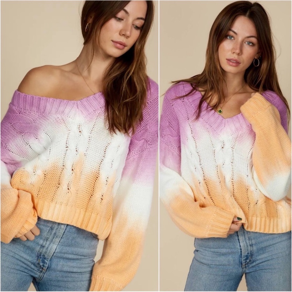 B41W🧡💗Stunning ombre’ cableknit v-neck sweater in white+raspberry+tangerine🧡